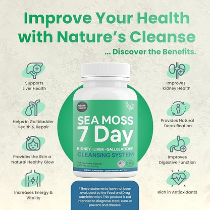 Atlantic Naturals Sea Moss 7 Day Detox Liver, Gallbladder & Kidney Cleanse Capsules- Support with Dandelion Root, Milk Thistle, Burdock Root, Red Clover, Chanca Piedra - 180 Sea Moss Capsules