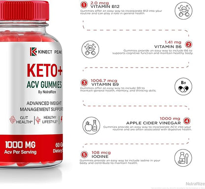 (2 Pack) Kinect Peak Keto ACV Gummies, KinectPeak Keto + ACV Supplement, All Natural Keto Plus Apple Cider Vinegar, Premium 1000MG Formula Plus Vitamins, Official Gomitas Reviews (120 Gummies)
