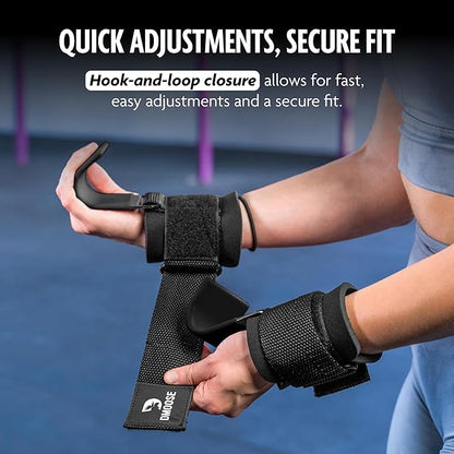DMoose Fitness Weight Lifting Hooks (Pair) for Deadlifts, Pull Ups & Shrugs - 500 Lbs Capacity, Thick Wrist Padding - Heavy Duty Gym Workout Grips Straps for Men and Women