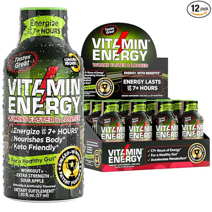 Vitamin Energy Pre Workout Drink - Keto Friendly Sugar Free Shots | Natural Clean Green Tea Caffeine with Proprietary Endurance Blend | Energize up to 7+ Hours - Sour Apple - 1.93 Fl Oz (Pack of 12)