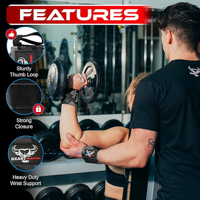 BEAST RAGE Wrist Wraps for Weightlifting - Adjustable Lifting Straps With Thumb Loop for Enhanced Gym Support, Powerlifting, Bodybuilding and Workout