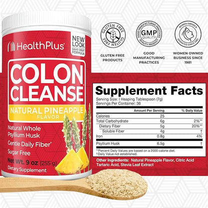 Health Plus Colon Cleanse Digestive Support | Natural Sweetener without Artificial Flavors | Daily Fiber for Toxin Elimination To Reduce Bloating | Pineapple Flavor | 9 Ounces, 36 Servings
