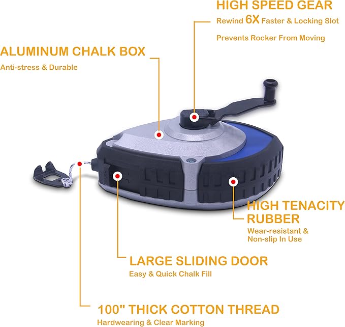 Chalk Reel kit - Six Gear Quick Retrieval Chalk Lines,100ft Line Included in Chalk Box,4oz Red Chalk Powder,Wire Box is Made of Aluminum