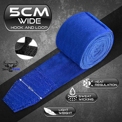 BEAST RAGE Boxing Hand Wraps 4.5 Meter Martial Arts Bandages Inner Gloves Wrist Support Straps Punching Under Hand Knuckles Heavy Elasticated Training Bag Mitts Muay Thai