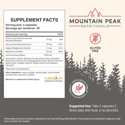Mountain Peak Nutritionals Joint Formula - Joint Support Supplement with Glucosamine, Boswellia & Vitamin C - Supports Joint Flexibility & Mobility - Hypoallergenic Dietary Supplement (120 Capsules)