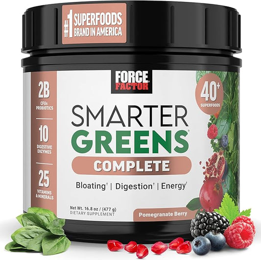 FORCE FACTOR Smarter Greens Superfoods Powder to Support Digestion, Gut Health, Bloating, Greens Powder with Probiotics, Prebiotics, Digestive Enzymes, & Adaptogens, Pomegranate Berry, 30 Servings