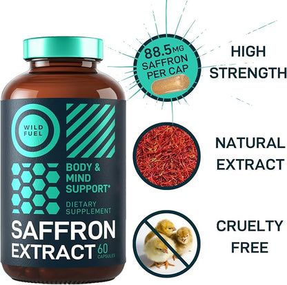 Saffron Supplements for Women and Men - 88.5mg Pure Saffron Extract - Antioxidant, Eye Health, Energy Support and Mood Booster - Vegan, Made in USA, 60 Organic Saffron Capsules Once Daily