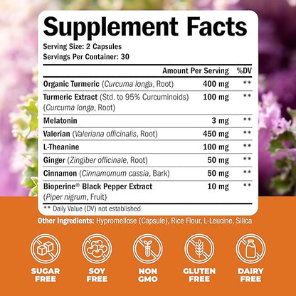 Turmeric, Melatonin & Valerian Root Sleep Aid Supplement. Natural Sleep Aid for Adults with L-Theanine, Ginger & Black Pepper Extract. Melatonin 3mg, Valerian Root Capsules. Relaxation Support. 2-Pack