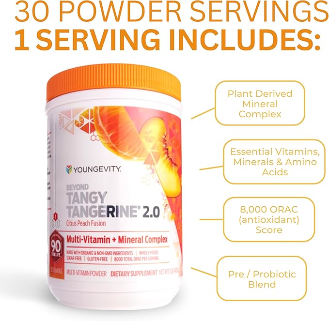 Youngevity Beyond Tangy Tangerine 2.0 Citrus Peach Fusion Multi-Vitamin & Mineral Complex - Made with Natural & Whole Foods | 8,000 ORAC (6-Pack)