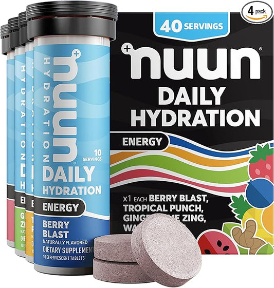 Nuun Hydration Energy Electrolyte Tablets with Caffeine, B Vitamins and Ginseng, Mixed Flavors, 5 Essential Electrolytes for Hydration, Vegan, Non-GMO, 4 Pack (40 Servings)