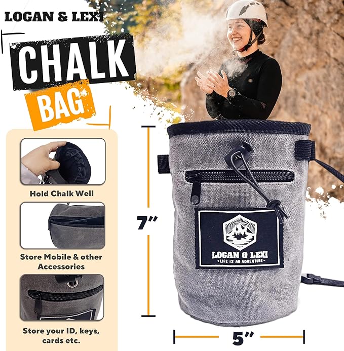 Chalk Bag for Rock Climbing| Waxed Canvas Climbing Chalk Bag w/Drawstring, Adjustable Belt, 2 Large Zippered Pockets|Water Resistant Rock Climbing Chalk Bag| Climbing Chalk Bags |Chalk Bag Bouldering