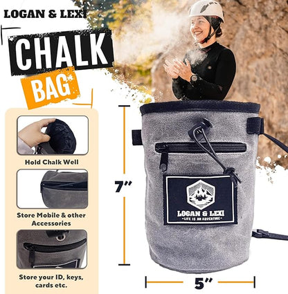 Chalk Bag for Rock Climbing| Waxed Canvas Climbing Chalk Bag w/Drawstring, Adjustable Belt, 2 Large Zippered Pockets|Water Resistant Rock Climbing Chalk Bag| Climbing Chalk Bags |Chalk Bag Bouldering