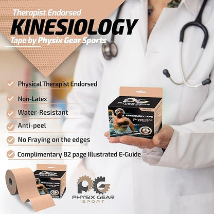 Physix Gear Cotton Kinesiology Tape Roll 16ft, Latex-Free Athletic Tape for Muscles/Joints, Waterproof Kinesiolgy, Stretchy Kinesiologytape, Gentle on Skin Kiniseaology Tape, Kinesology Tape