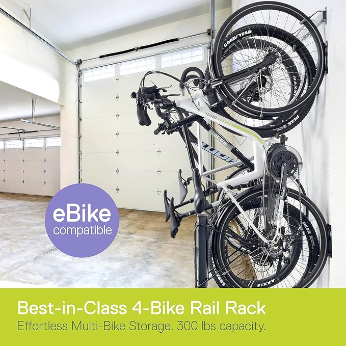 Garage Bike Rack Wall Mount Rail Rack by Delta Cycle - Bike Hangers for Garage - Bike Storage Rack for MTB, Road & Ebike - Holds up to 300 lbs - Fully Adjustable Staggered Hook Design