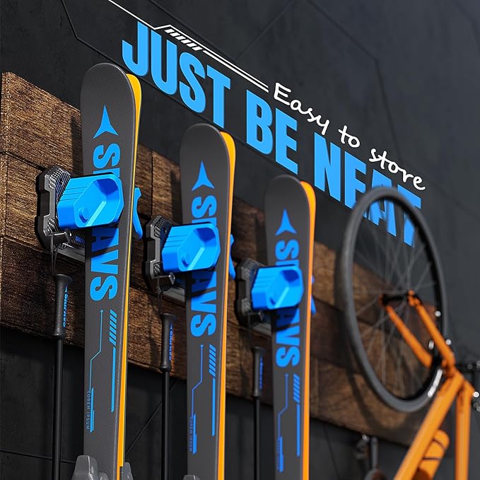 Ski & Snowboard Wall Rack for Garage - Fits Any Ski/board, Damage-Free Storage, Blue, 4 Pack
