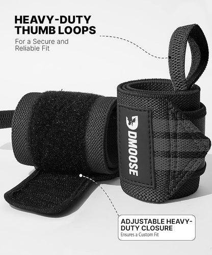 DMoose Fitness Wrist Wraps for Weightlifting - IPL Approved Premium Lifting Straps with Thumb Loops for Powerlifting, Bodybuilding & Weight Lifting, Compression Gym Wrist Support for Working Out