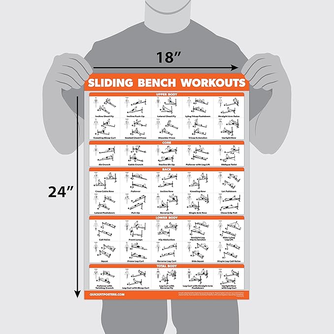 Palace Learning QUICKFIT Sliding Bench Workout Poster - Compatible with Total Gym, Weider Ultimate Body Works - Incline Bench Exercise Chart (LAMINATED, 18" x 24")