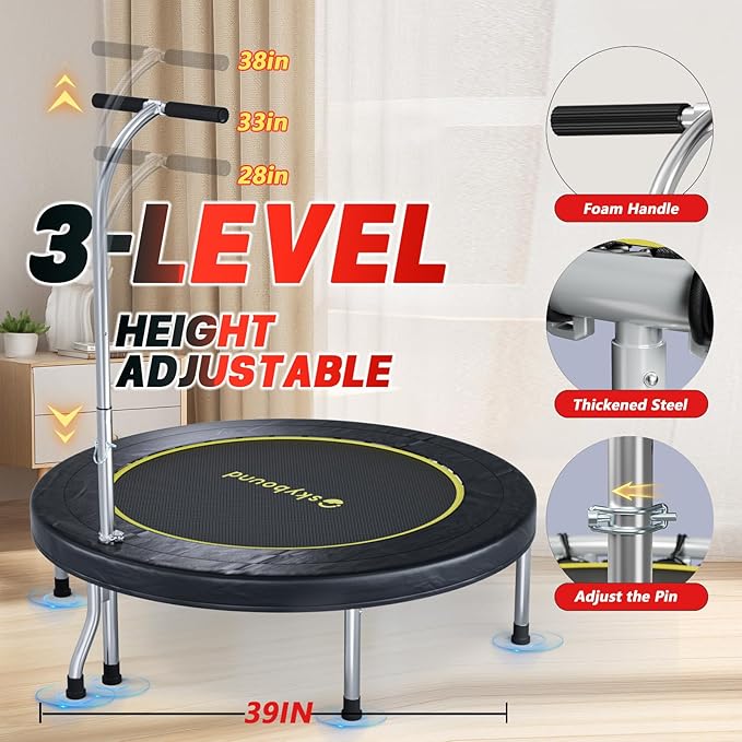 SkyBound Boogie Bounce Elite Foldable Mini Trampoline Fitness Rebounder with Adjustable T-Bar Handle - Exercise Trampoline for Adult - Fitness Trampoline for Workout Trainer