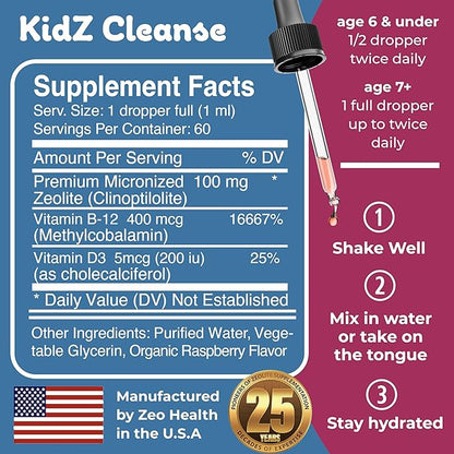 Kidz Cleanse | Zeolite Detox for Kids | Development, Behavior, Energy and Gut Health Support Supplement | Easy to Take, Pure Liquid Zeolite Drops + Methyl B12 + D3 (Orange Flavor) - 2oz