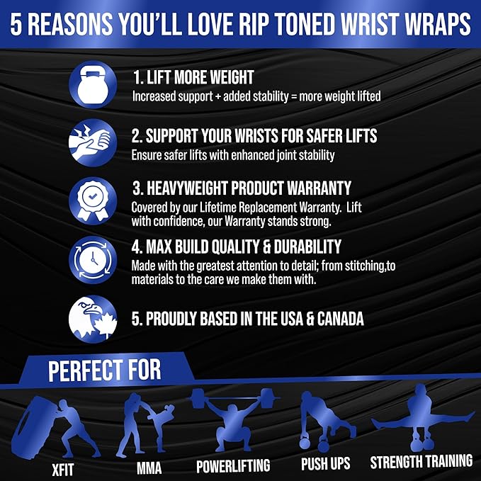 Rip Toned 18” Wrist Wraps - Wrist Straps for Weightlifting - Lift Better, Protect Wrist Pain - Adjustable, Durable, Machine Washable - Wrist Wraps for Weightlifting - USPA Endorsed for Men & Women