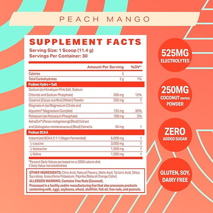 Podium Nutrition, Instantized BCAA Powder, Hydro and Salt, Mango Peach, 30 Servings, Electrolytes, Hydration, Recovery