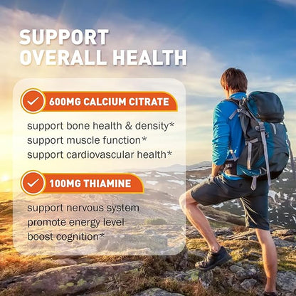 Vitamin B1 Gummies 100mg for Adults & Kids, Thiamine B1 Supplement with 600mg Calcium, Nervous System Supports & Boost Energy, Orange Flavor, Non GMO, Vegan, 60 Chewable Gummies