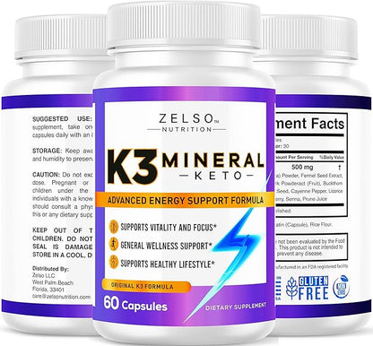 ZELSO (3 Pack) K3 Mineral Weight Loss Pills for Women and Men - K3 Salt Mineral, Vitamin + K3 Capsules Supplement for Weight Loss - 180 Days Supply