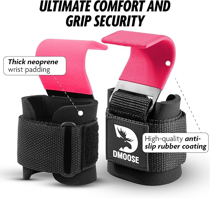 DMoose Fitness Weight Lifting Hooks (Pair) for Deadlifts, Pull Ups & Shrugs - 500 Lbs Capacity, Thick Wrist Padding - Heavy Duty Gym Workout Grips Straps for Men and Women