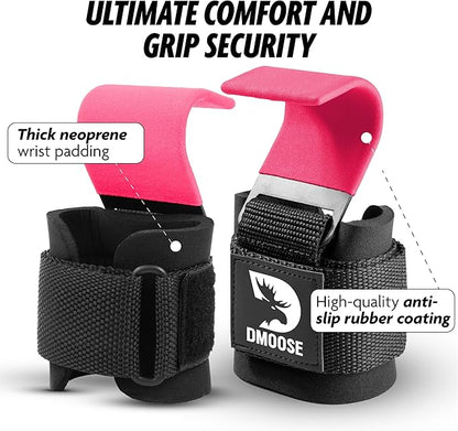 DMoose Fitness Weight Lifting Hooks (Pair) for Deadlifts, Pull Ups & Shrugs - 500 Lbs Capacity, Thick Wrist Padding - Heavy Duty Gym Workout Grips Straps for Men and Women