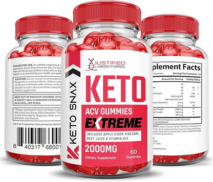 (2 Pack) Keto Snax Keto ACV Gummies Extreme 2000MG Keto Snax Keto Gummies Advanced Formula Apple Cider Vinegar with Pomegranate Beet Juice Powder B12 Vegan Non GMO 120 Gummys