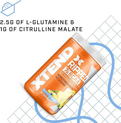 Xtend XTEND Ripped BCAA Powder Blueberry Lemonade - Cutting Formula + Sugar Free Post Workout Muscle Recovery Drink with Amino Acids - 7g BCAAs for Men & Women - 30 Servings