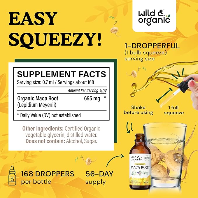 Wild & Organic Maca Root Liquid Drops - Alcohol Free Maca Root Tincture - Peruvian Maca Supplement for Women and Men - Vegan, Sugar Free Maca Drops - 4 fl oz