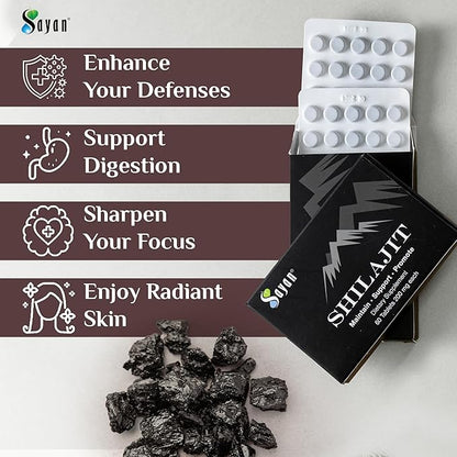 Sayan Shilajit Pure Organic Black Resin Mineral Tablets - Premium Quality Supplement Drops for Men and Women (120 Tablets, 2 Month Supply) for Immune Support, and Energy Boost