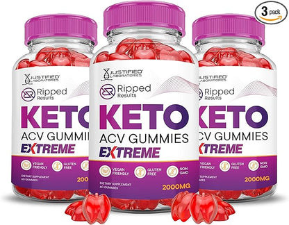 (3 Pack) Ripped Results Keto ACV Gummies Extreme 2000MG Ripped Results Keto Gummies Apple Cider Vinegar Formulated with Pomegranate Beet Juice Powder B12 Vegan Non GMO 180 Gummys