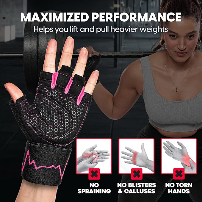MhIL Workout Gloves for Women – Comfortable Gym Gloves for Women with Hand Protection and Enhanced Grip – Weight Lifting Glove for Womens with Wrist Wraps Support for Safety, Hygiene and Style