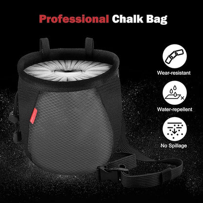 Rhino Valley Climbing Chalk Bag, No Leak Drawstring Chalk Bag with Adjustable Belt, Carabiner Clip and Zippered Pockets Chalk Bag for Climbing, Cross Fit, Weight Lifting & More