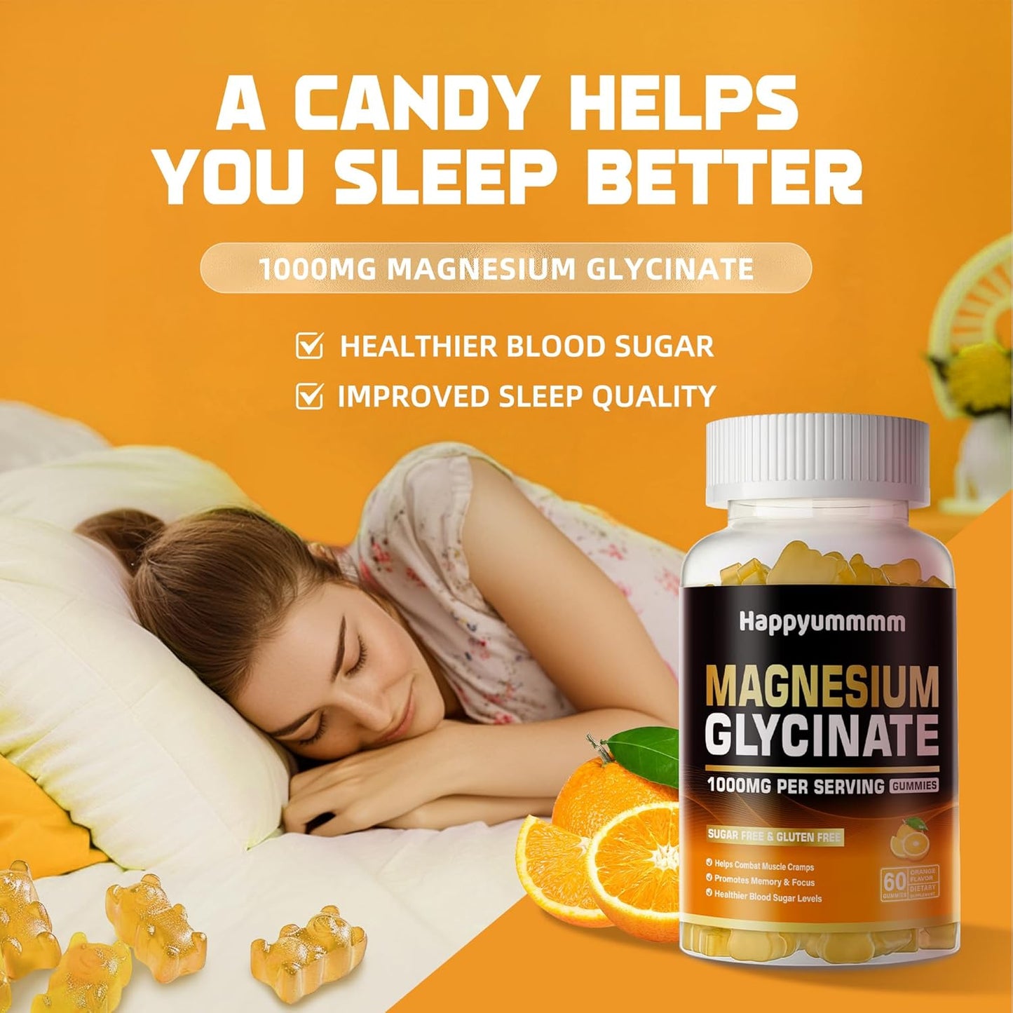 Magnesium Glycinate Gummies 1000mg - Sugar Free Magnesium Potassium Supplement with Vitamin D, B6, CoQ10 for Calm Mood & Sleep Support - 60 Orange Gummies