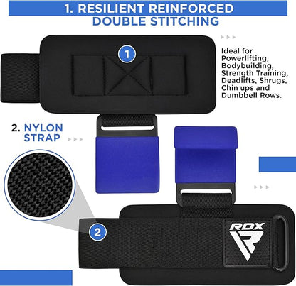 RDX Weight Lifting Hooks Straps Pair, Non-Slip Rubber Coated Grip, 7mm Neoprene Padded Wrist Wrap Support Powerlifting Deadlift Pull Up Fitness Strength Training, Gym Bodybuilding Workout, Men Women