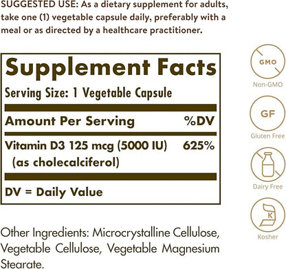 Solgar Vitamin D3 Cholecalciferol 125 mcg 5000 IU Vegetable Capsules Helps Maintain Healthy Bones Teeth Immune System Support Non GMO Gluten Free Dairy Free Kosher Servings - 360 Count