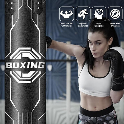 Hanging Punching Bag for Adults, 4ft PU Leather Heavy Boxing Bag Set, Hanging Bag Boxing Equipment for MMA Karate Kickboxing Boxing Home Gym, Unfilled