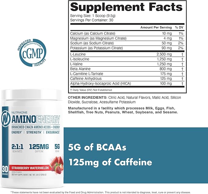NutraOne Amino Energy BCAA Powder Pre-Workout Supplement with Caffeine Branched Chain Amino Acids to Help Fuel and Recover* (Strawberry Watermelon - 30 Servings)
