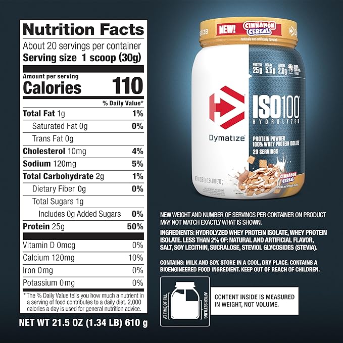 Dymatize ISO100 Hydrolyzed Protein Powder, 100% Whey Isolate, Cinnamon Cereal, 20 Servings, Gluten-Free