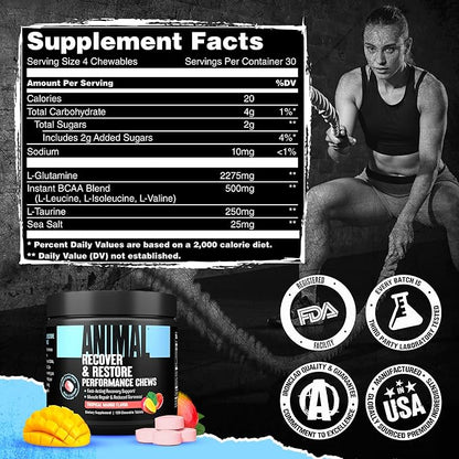 Animal Recovery Chews, Fast Acting Recovery with BCAA, Taurine and Glutamine for Muscle Repair and Hydration - Convenient and Delicious Chews Format