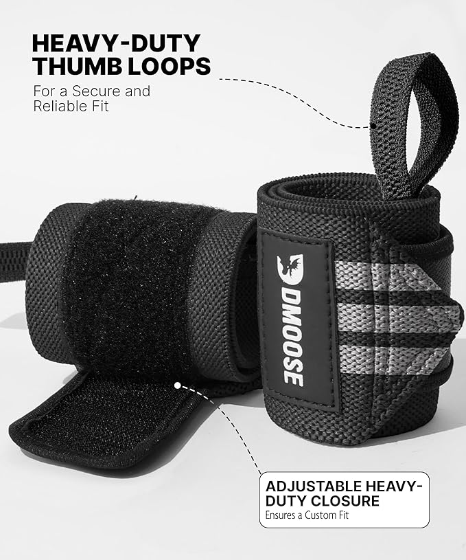 DMoose Fitness Wrist Wraps for Weightlifting - IPL Approved Premium Lifting Straps with Thumb Loops for Powerlifting, Bodybuilding & Weight Lifting, Compression Gym Wrist Support for Working Out