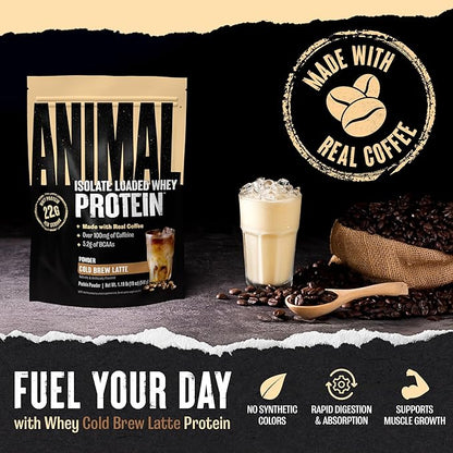 Animal Whey Protein Coffee Powder, Loaded with 22g of Protein, 100mg of Caffeine, and BCAAs for Pre & Post Workout Muscle Builder Recovery with Digestive Enzymes for Men & Women, Cold Brew Latte, 1 lb
