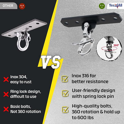 Yes4All Wall Ceiling Mount Hook 360° Rotation, 600 lbs Capacity Punching Bag Hangers, Heavy Bag Mount for Yoga, Chair, Boxing Bag, Indoor & Outdoor Gym - Smart Design, Easy to Use, Fit Most Ceiling