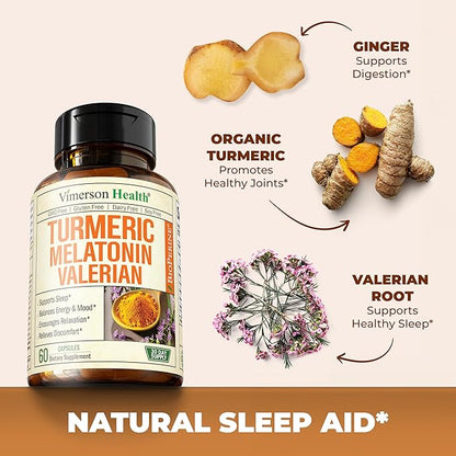 Turmeric, Melatonin & Valerian Root Sleep Aid Supplement. Natural Sleep Aid for Adults with L-Theanine, Ginger & Black Pepper Extract. Melatonin 3mg, Valerian Root Capsules. Relaxation Support. 2-Pack