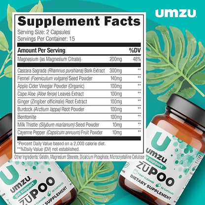 UMZU zuPOO Colon Health & Constipation Relief Supplement | Advanced Digestion Support with Apple Cider Vinegar, Ginger & Milk Thistle for Gas & Bloating (15 Day Supply | 30 Capsules)