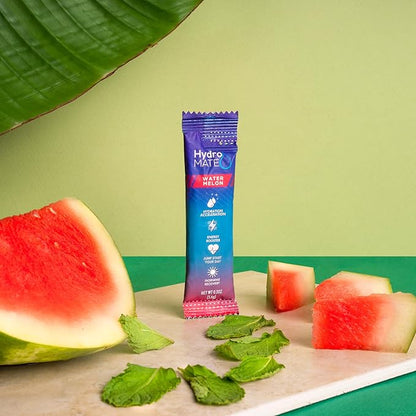 HydroMATE Electrolytes Powder Drink Mix Packets Hydration Accelerator Low Sugar Rapid Party Relief Recovery Vitamin C Plus Caffeine Watermelon 30 Count