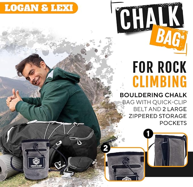 Chalk Bag for Rock Climbing| Waxed Canvas Climbing Chalk Bag w/Drawstring, Adjustable Belt, 2 Large Zippered Pockets|Water Resistant Rock Climbing Chalk Bag| Climbing Chalk Bags |Chalk Bag Bouldering